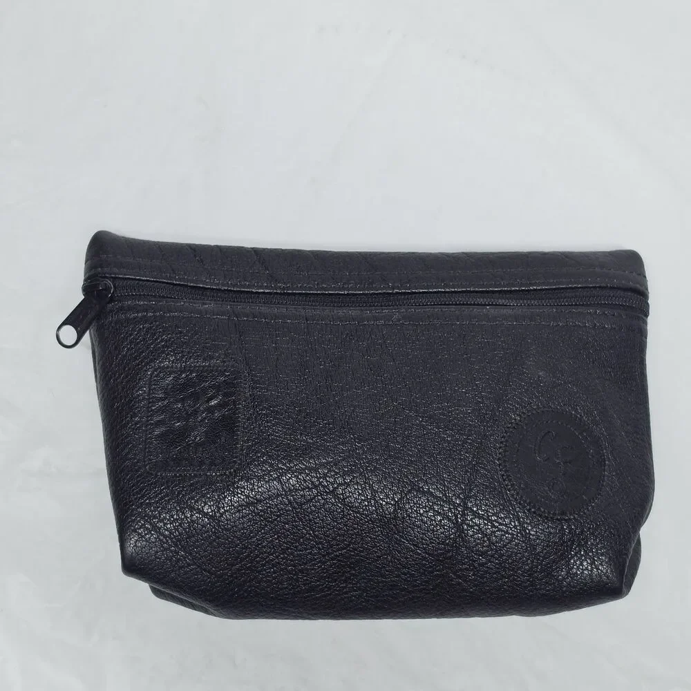 Vintage Carlos Falchi The Buffalo Black Leather Zip Pouch Travel Cosmetic Bag